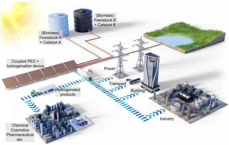 Illustration der solarbetriebenen photoelektrochemischen PEC- und Hydrierungsanlage. Die gekoppelte Anlage nutzt Sonnenlicht zur Erzeugung von Wasserstoff. Ein Teil des Wasserstoffs reagiert in situ mit Biomasse-Ausgangsstoffen zu wertvollen Chemikalien.