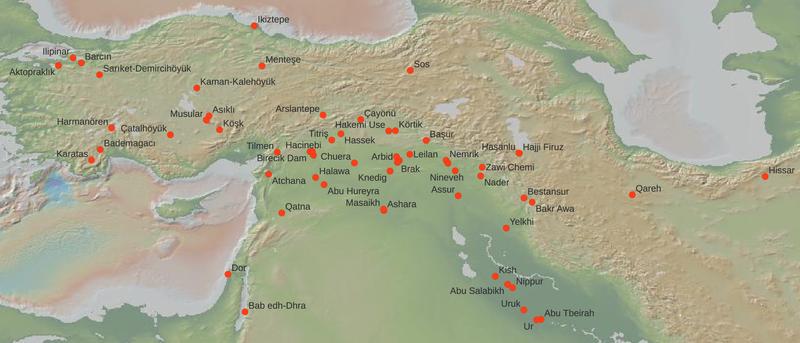 Distribution of Middle Eastern archaeological sites that provided bioarchaeological evidence for the present study.