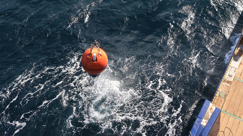 An acoustic current meter, built into a mooring buoy being prepared for deployment in the Atlantic. The ocean current is measured with these instruments. 