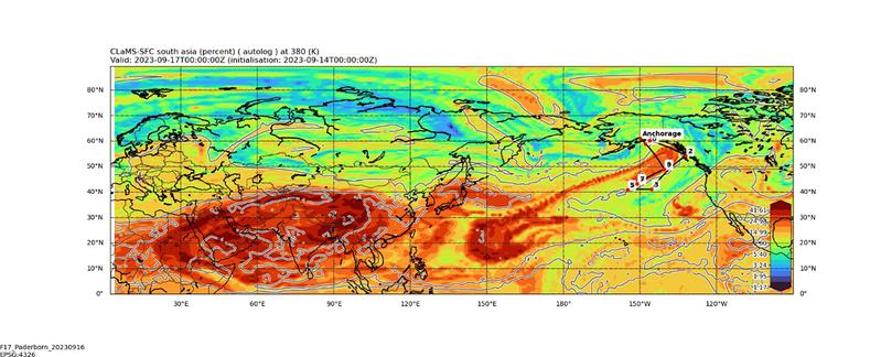 Transport of polluted air masses from the Asian monsoon region (red) over the Pacific on 17 September 2023. The black line near Alaska is the flight path of the HALO research aircraft during measurement flights. 