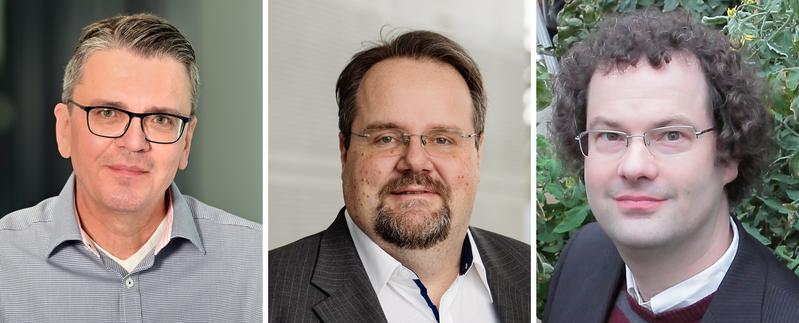 Forschungsprojekt ACCeSS (v.l.): Prof. Dr. Lutz Schmitt (HHU) ist Sprecher, Prof. Dr. Ulrich Schwaneberg (RWTH) und Prof. Dr. Björn Usadel (FZJ) sind Kosprecher des Verbunds, der der Atmosphäre CO2 entziehen und in nutzbare Verbindungen umwandeln will.