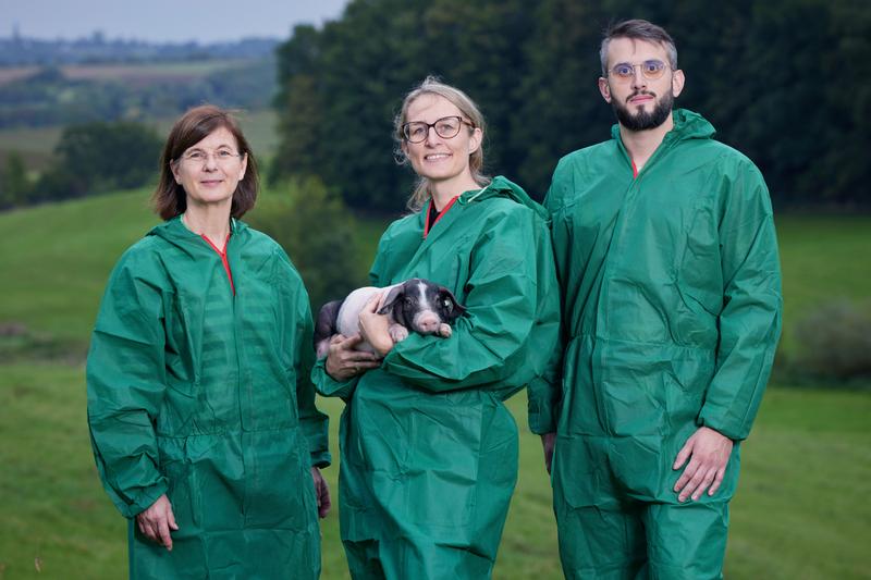 Das Team (von links) in Hygiene-Schutzkleidung und mit Ferkel: Prof. Dr. Monika Hartmann, Jeanette Klink-Lehmann und Milan Tatic auf dem Campus Frankenforst in Vinxel im Siebengebirge. 