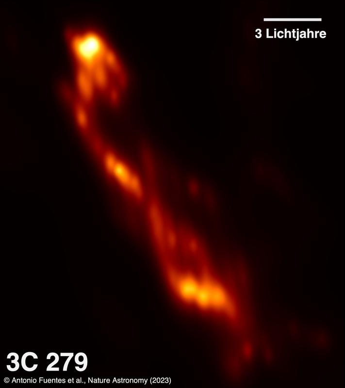 Miteinander verschränkte Filamente im Blazar 3C 279, beobachtet im Rahmen des RadioAstron-Programms.  Das Bild zeigt eine komplexe Struktur innerhalb des Jets mit mehreren Filamenten in der Größe von einigen Lichtjahren, die eine Helixform bilden.  