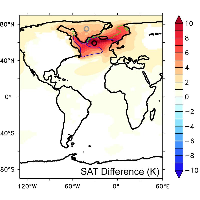 Einfluss der eiszeitlichen mehrhundertjährigen Klimaschwankung auf Lufttemperaturen im nordatlantischen Raum (in Grad Celsius). Gezeigt sind die Temperaturunterschiede zwischen Warm- und Kaltphase der Klimaschwankung. 