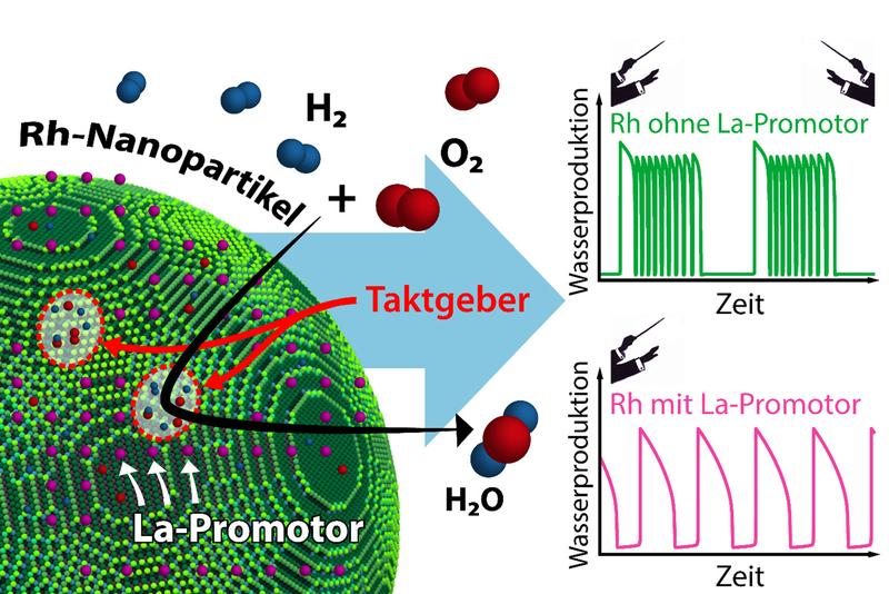 Das Reaktionsverhalten eines einzelnen Nanopartikels wird durch Taktgeber bestimmt. Durch Zugabe eines La-Promotors wird die Interaktion dieser Taktgeber entscheidend beeinflusst.