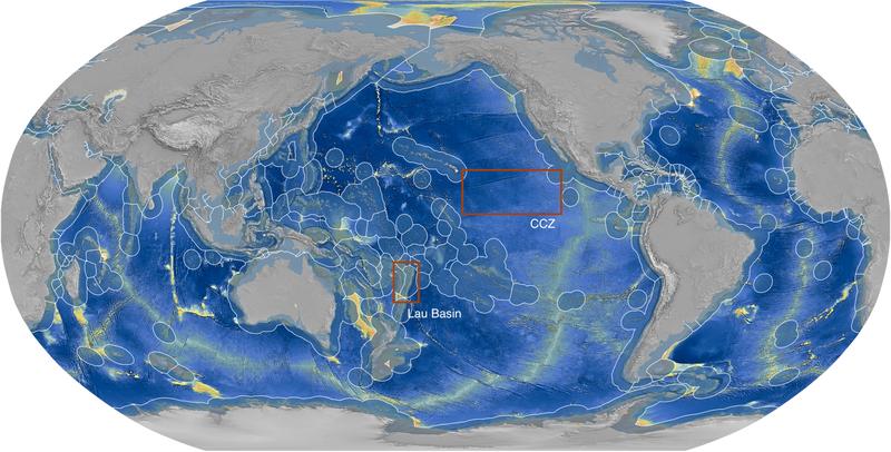Karte mit den markierten Gebieten Clarion-Clipperton Zone und Lau-Becken 