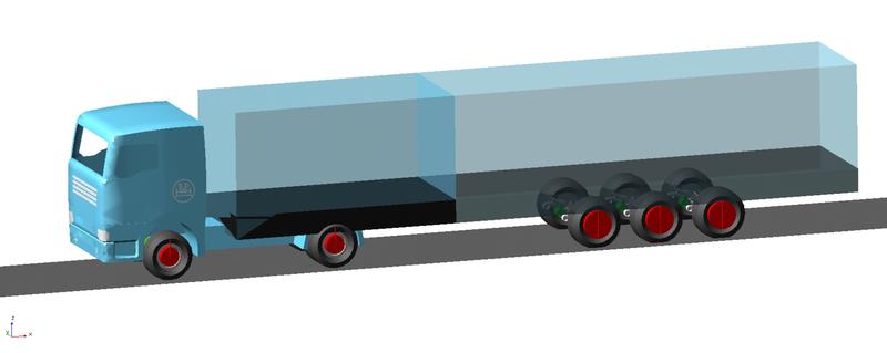 Mehrkörpersimulationsmodell des gesamten Fahrzeugs (Zugmaschine und Trailer) in MSC.Adams. 