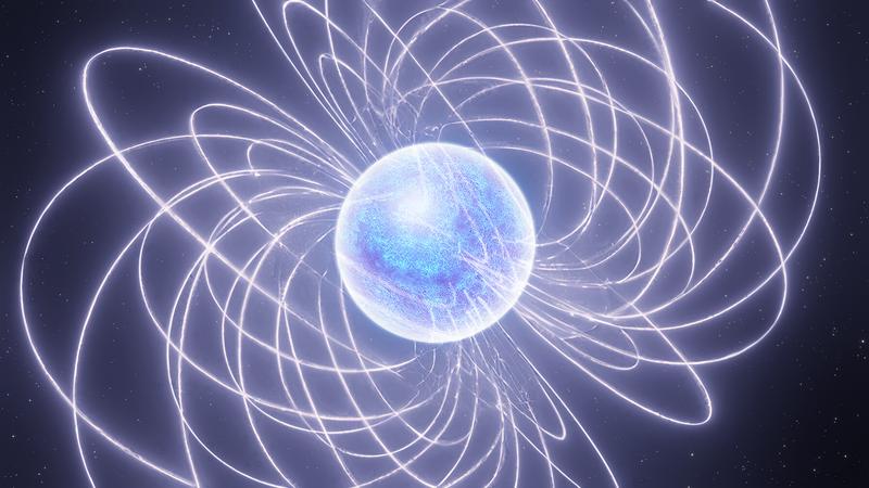 Künstlerische Darstellung eines Magnetars: ein Neutronenstern sendet mit Hilfe der im ultrastarken Magnetfeld gespeicherten Energie Radiostrahlung aus und verursacht so Ausbrüche, die zu den energiereichsten im Universum beobachteten Ereignissen zählen.
