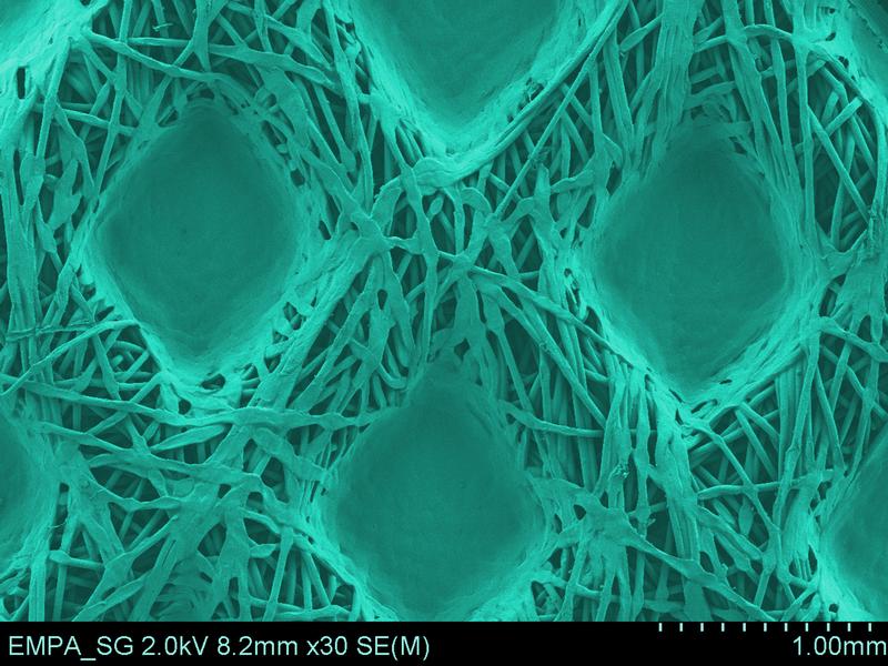 Das an der Empa entwickelte Verfahren ergab eine gleichmässige Verteilung der antimikrobiellen Beschichtung auf den Textilfasern. Rasterelektronenmikroskopie, 30.000-fache Vergrösserung, koloriert.