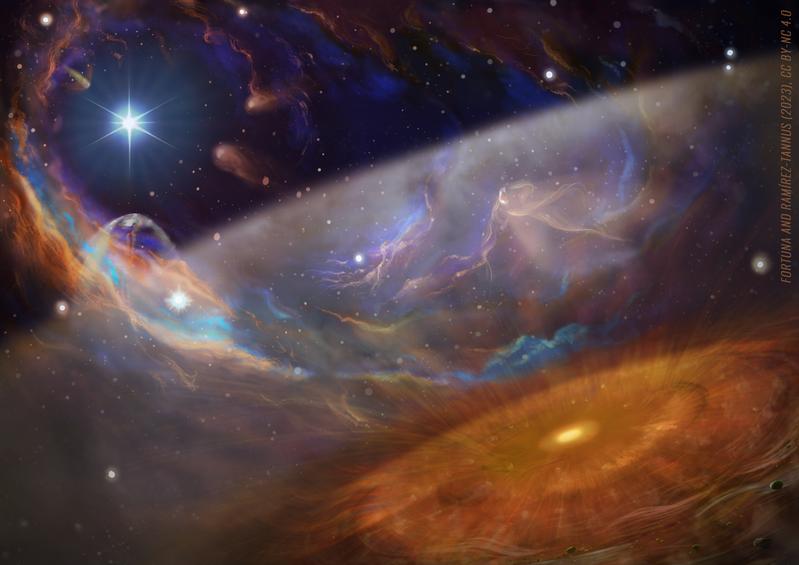 Künstlerische Darstellung des massereichen Sternentstehungsgebiets mit der planetenbildenden Scheibe XUE-1 im Vordergrund.