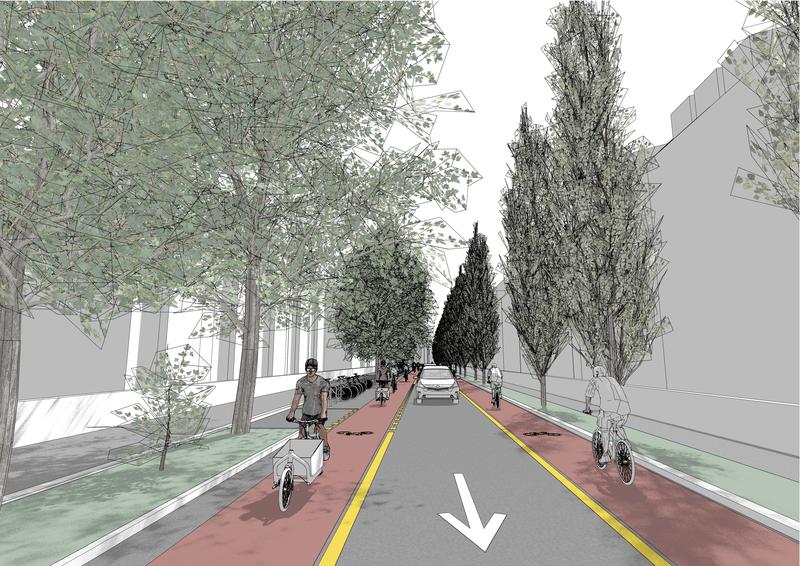  In der E-​Bike-City besteht das innerstädtische Autostrassennetz weitestgehend aus Einbahnstrassen, wohingegen die Zweiräder eigene Fahrspuren für beide Fahrtrichtungen erhalten. 