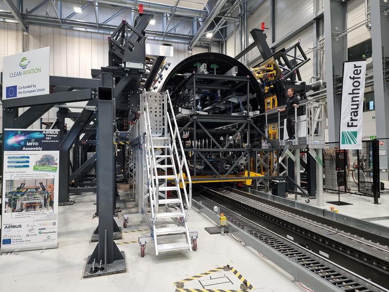 The "MFFD" assembly research platform with inserted thermoplastic fuselage shells at the Fraunhofer-Gesellschaft in Stade, Germany