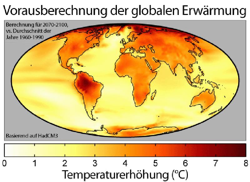 Eine Karte der prognostizierten globalen Erwärmung zum Ende des 21. Jahrhunderts. In diesem verwendeten Klimamodell beträgt die durchschnittliche Erwärmung 3 °C. 