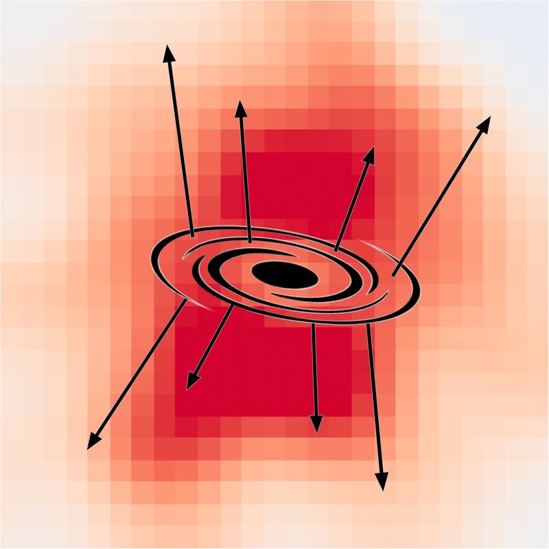 Theoretische Skizze für galaktische Winde. Die Verteilung im Hintergrund (rot) zeigt die von MUSE gemessenen Gasausströmungen von Galaxien. 