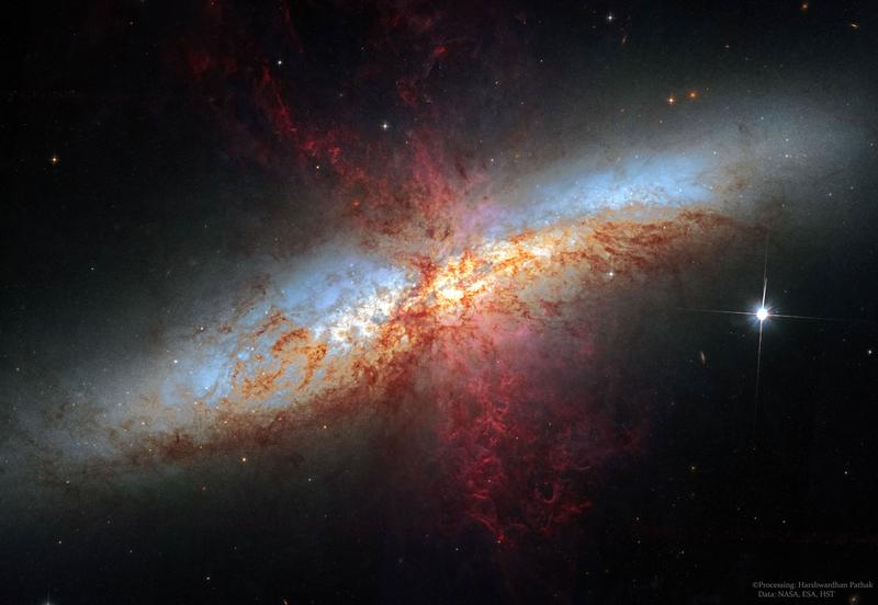 Galaktische Winde werden bei nahen Galaxien, wie M82, die wegen ihrer Form Zigarrengalaxie genannt wird, beobachtet.