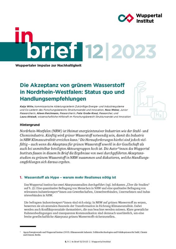 Cover In Brief: Die Akzeptanz von grünem Wasserstoff in Nordrhein-Westfalen: Status quo und Handlungsempfehlungen