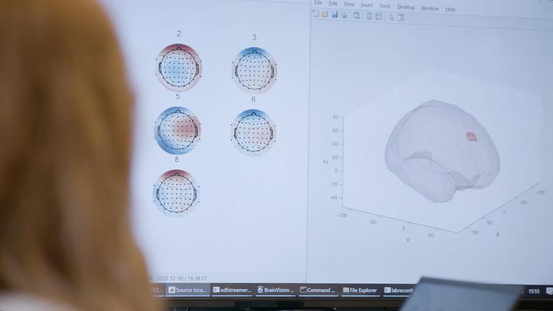 Analyse der Gehirnaktivität. Eine Wissenschaftlerin erforscht die elektrischen Quellen im Gehirn, aus denen bestimmte Aktivitäten entstehen.