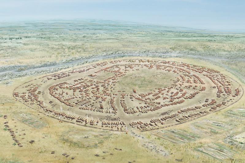 Rekonstruktionszeichnung der etwa 6000 Jahre alten Großsiedlung Maidanetske in der heutigen Zentralukraine. 