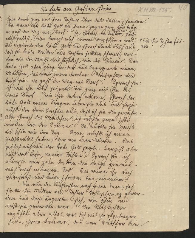 Die Niederschrift von Jacob Grimm zum Märchen "Die weiße und die schwarze Braut", hier unter dem ursprünglichen Titel "Die Ente am Goßenstein" 