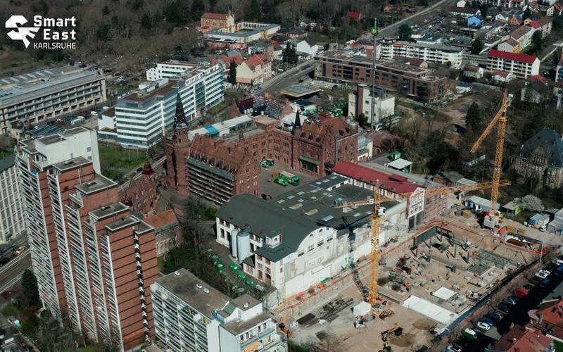 Luftaufnahme des Smart East-Areals in Karlsruhe. 