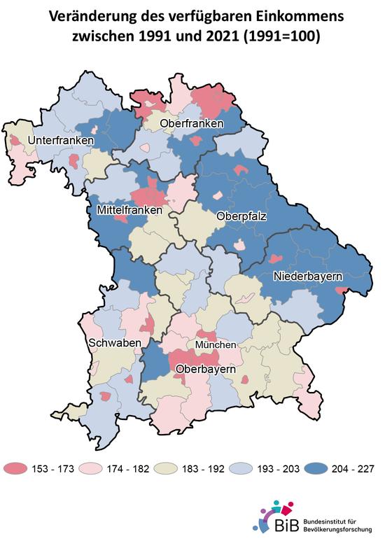 Veränderung des verfügbaren Einkommens zwischen 1991 und 2021 (1991=100)