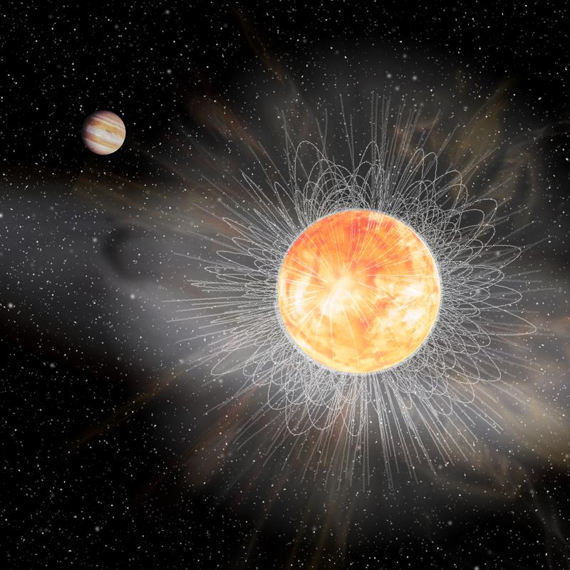 Composite image illustrating 51 Pegasi system and its measured magnetic field. The detected “Weak Magnetic Braking" of 51 Peg represents a relatively sudden change that makes the magnetic environment more stable.