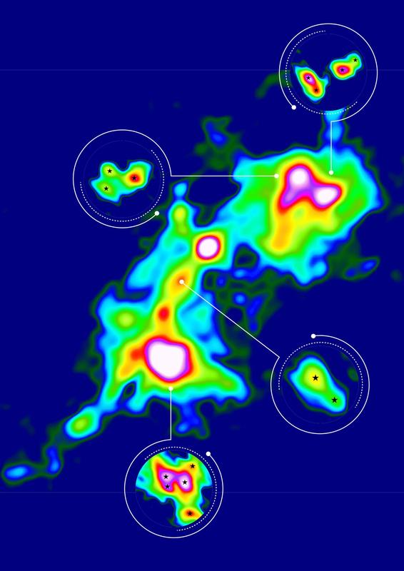 Falschfarbenbild der massereichen Sternentstehungsregion G333.23–0.06 aus Beobachtungsdaten des ALMA-Observatoriums.