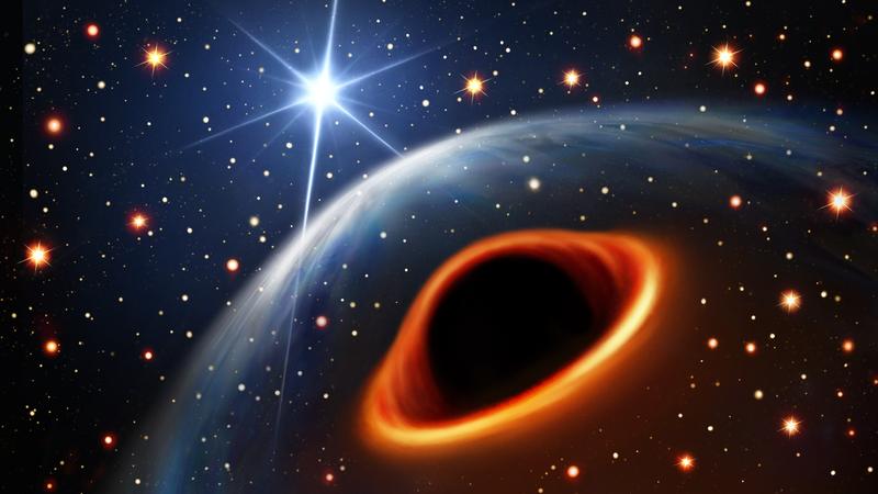 Eine künstlerische Darstellung des Pulsar-Doppelsternsystems unter der Annahme, dass der massereiche Begleitstern ein Schwarzes Loch ist. Der helle Hintergrundstern im Bild stellt den Radiopulsar PSR J0514-4002E in 8 Millionen km Entfernung dar.