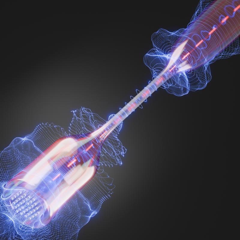 Artist’s impression of cooled acoustic waves in an optical fiber taper.