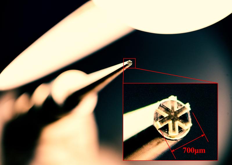 Ein durch 3D-Druck künstlich erzeugter Partikel von 700 µm Breite, der einem Eiskristall ähnelt. Er wird auf der Spitze einer Injektionsnadel platziert, bevor er in die Kammer zur Beobachtung des Schwebverhaltens fällt.