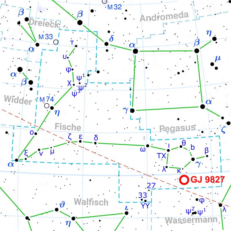 Diese Karte zeigt die Position des Sterns GJ 9827 im Sternbild der Fische.