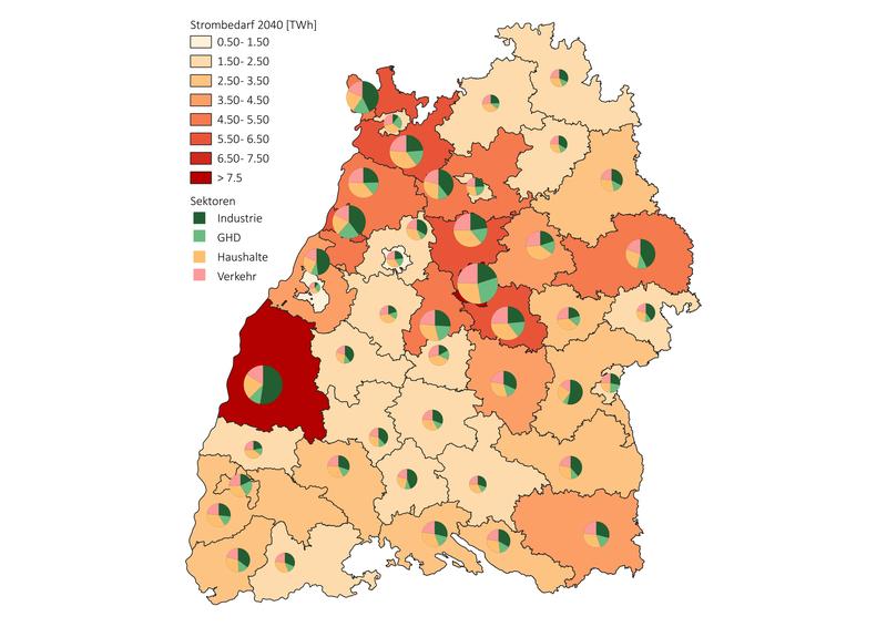 Strombedarf im Jahr 2040 nach Sektoren im Bundesland Baden-Württemberg für das Basisszenario (ohne den Sektor Power-to-X)