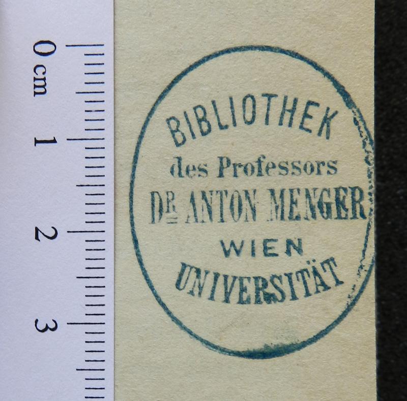 Stempel, der den Band zweifelsfrei der Bibliothek von Anton Menger zuordnet.