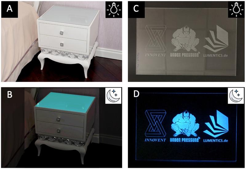 Abb.1: Verbundglasplatten mit nachleuchtender und antibakterieller Beschichtung: A,B) Anwendungsbeispiel mit durchgängig beschichtetem Glas; C,D) selektiv beschichtetes Glas bei Tag und bei Nacht.