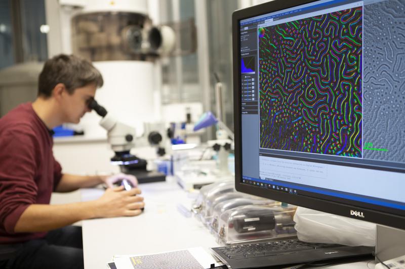 Am Transmissionselektronenmikroskop des Augsburger Instituts für Physik wurden die Messungen durchgeführt. Der Bildschirm rechts zeigt Spin-Texturen.