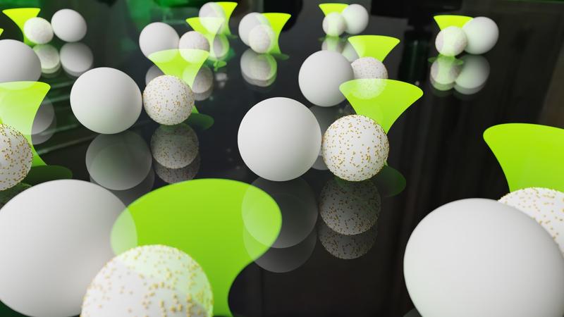 Diagram of the colloidal reservoir computer: polymer- and gold-covered particles, which are controlled by a laser and perform calculations.