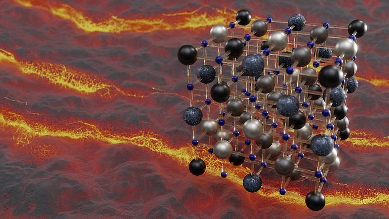 Artistic view of the crystal lattice of a multi-component ceramic, so heat-resistant and electronically robust that it could enable devices to operate at lava-like temperatures.