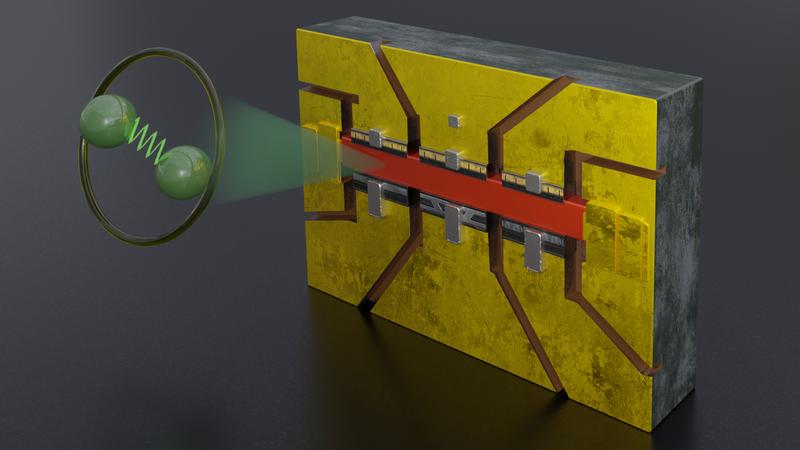 Graphic representation of a microstructured sample (red) for electrical measurements on unconventional superconductors. Gold and platinum are used for contacting. Electrons (green spheres) couple in pairs via vibrational or magnetic fluctuations.