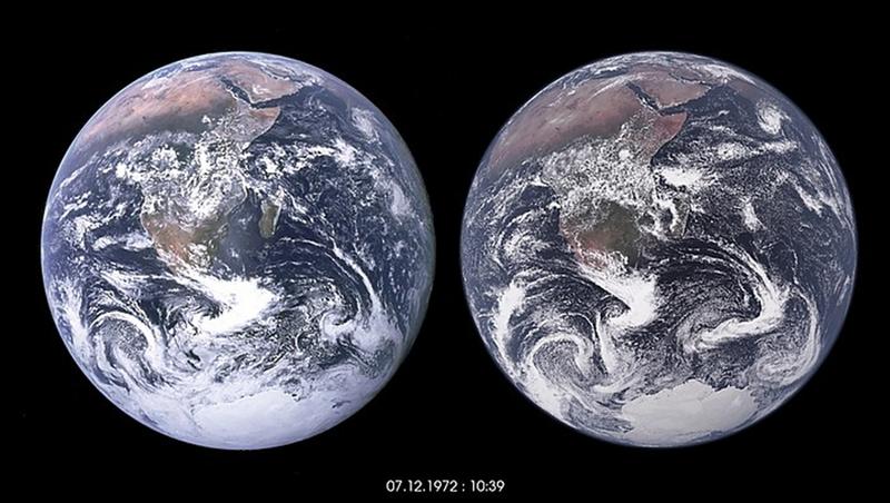 Die linke Kugel zeigt das berühmte “Blue Marble”-Foto der Erde, das 1972 während der Apollo-17-Mission gemacht wurde. Die Erde rechts zeigt eine Visualisierung von Daten aus einer ICON-Simulation mit einem 1km-Gitter für Atmosphäre, Land und Ozean.