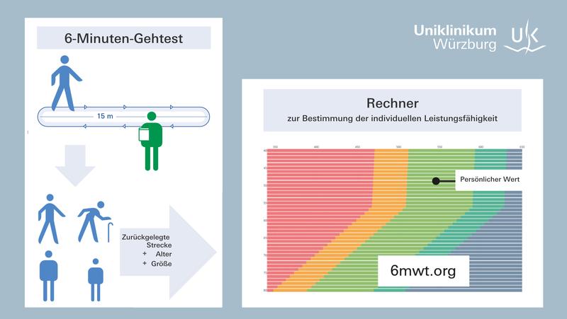 Auf der Website www.6mwt.org können in den Kalkulator die Strecke, die in 6 Minuten zurückgelegt wurde, das Alter und die Körpergröße eingegeben und unmittelbar die individuelle Leistungsfähigkeit im Verhältnis zur Normalbevölkerung abgelesen werden