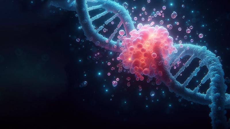 An artistic representation of the results: the broken DNA ends are kept together by the glue-like clump of PARP1 protein.