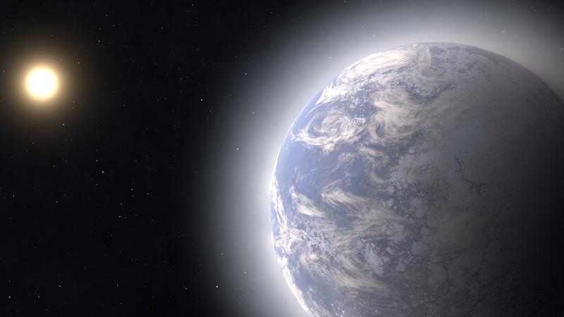 Künstlerische Darstellung eines Exoplaneten, dessen Wassereis an der Oberfläche während seiner Annäherung an den Zentralstern des Planetensystems zunehmend verdampft und eine Atmosphäre ausbildet.