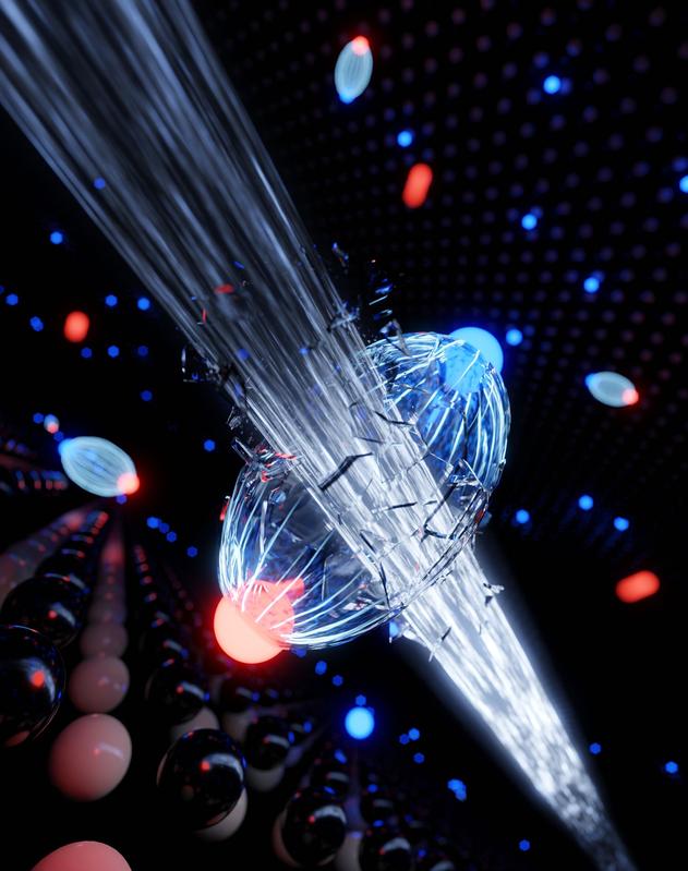 Ein ultrakurzer Lichtblitz bricht die Bindung zwischen Elektron (rot) und Loch (blau) auf.