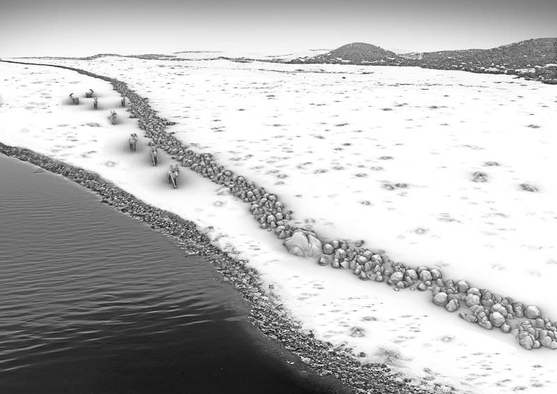 Grafische Rekonstruktion des Steinwalls als Treibjagdstruktur in einer spätglazialen/frühholozänen Landschaft, erstellt auf Grundlage der bathymetrischen Daten und des Unterwasser 3D Modells.