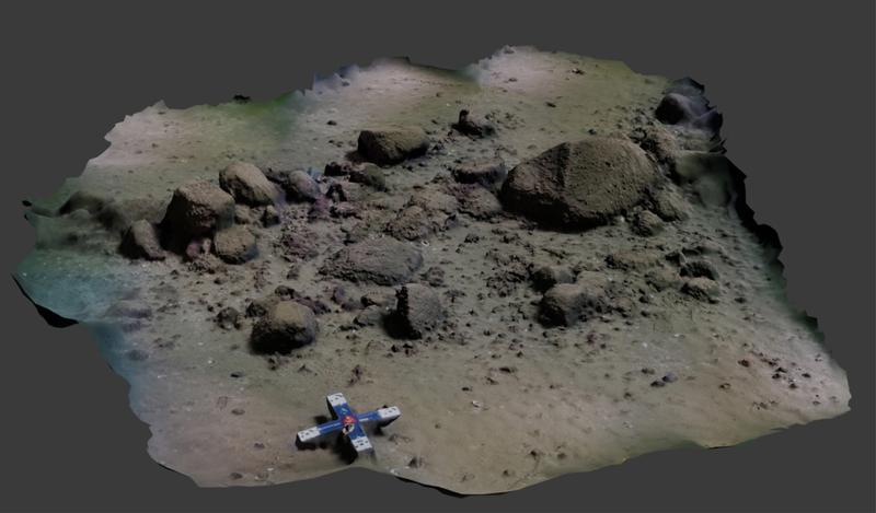 3D model of a short section of the stonewall. The scale at the bottom of the image measures 50 cm. The tennis- to football-sized stones that form the approximately 1 km long wall are clearly recognisable. 