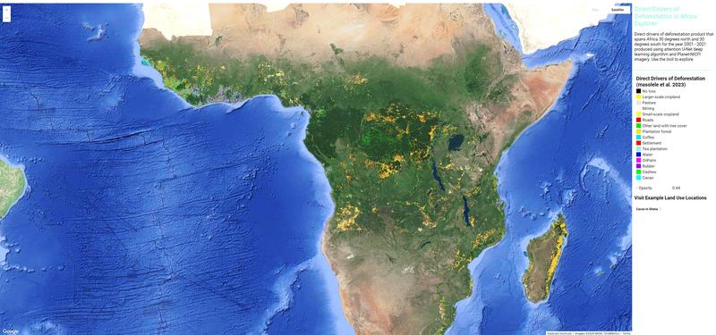 Ausschnitt der Weltkarte mit Fokus auf Afrika. Viele bunte Punkte markieren Ort und Art der verschiedenen Landnutzungsformen nach Entwaldung – s. Legende.