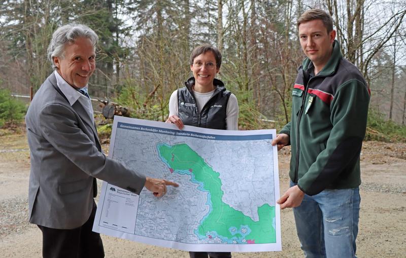 Freuen sich über eine noch intensivere Zusammenarbeit: Dr. Peter Pröbstle, Präsident der Landesanstalt für Wald und Forstwirtschaft, Nationalparkleiterin Ursula Schuster und Christoph Salzmann vom Amt für Ernährung, Landwirtschaft und Forsten Regen