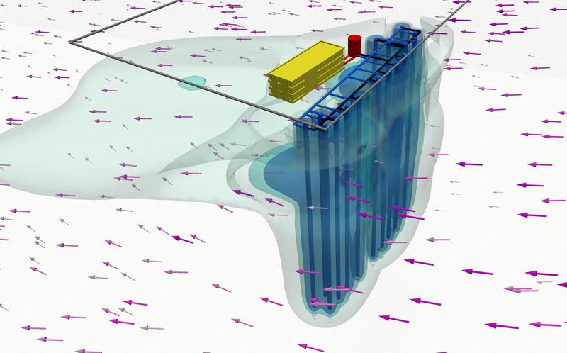 Simulation einer Geothermie-Anlage einer Berliner Schule. Die Pfeile stellen die Strömung des Grundwassers dar. (Simulation: Karsten Rink / UFZ)