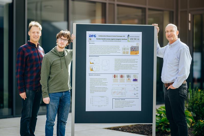 (V.l.n.r.) Die Autoren Prof. Dr. Uwe Gerstmann, Dr. Marvin Krenz und Prof. Dr. Wolf Gero Schmidt mit ihrem Poster zum Energietransport in der Solarzelle.
