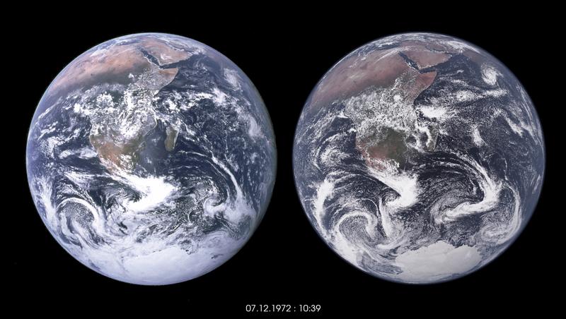 Blue Marble und Klimamodell. Der linke Globus zeigt das berühmte „Blue Marble“-Foto der Erde aus dem Jahr 1972. Der rechte Globus zeigt eine Visualisierung von Daten aus einer Simulation mit einem Ein-Kilometer-Gitter für Atmosphäre, Land und Ozean.